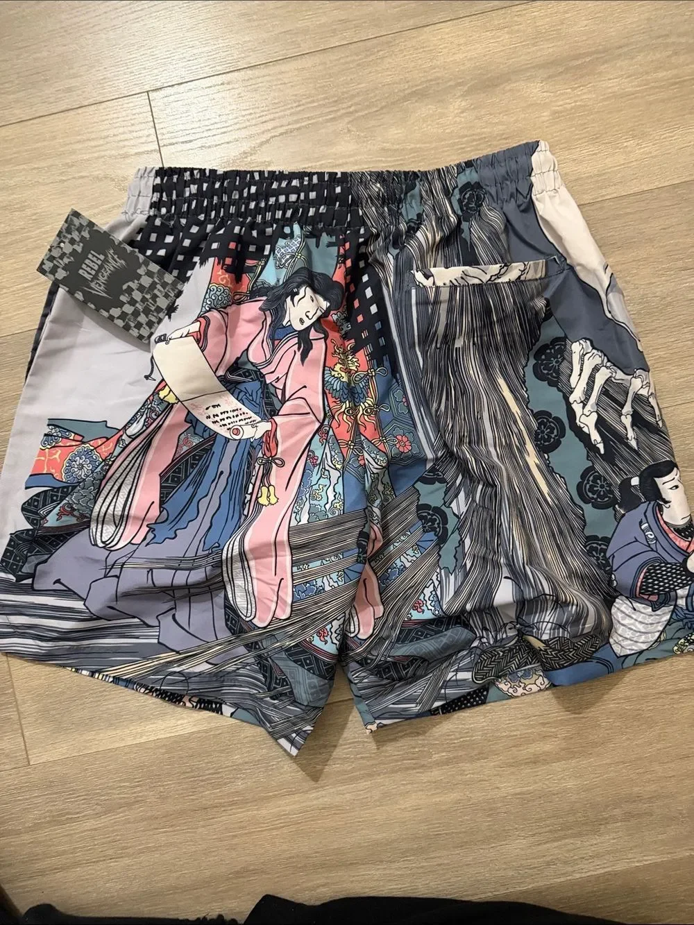 Rebel Vengeance Blue Gray Multi Ukiyo-e & Skull Swim Trunks